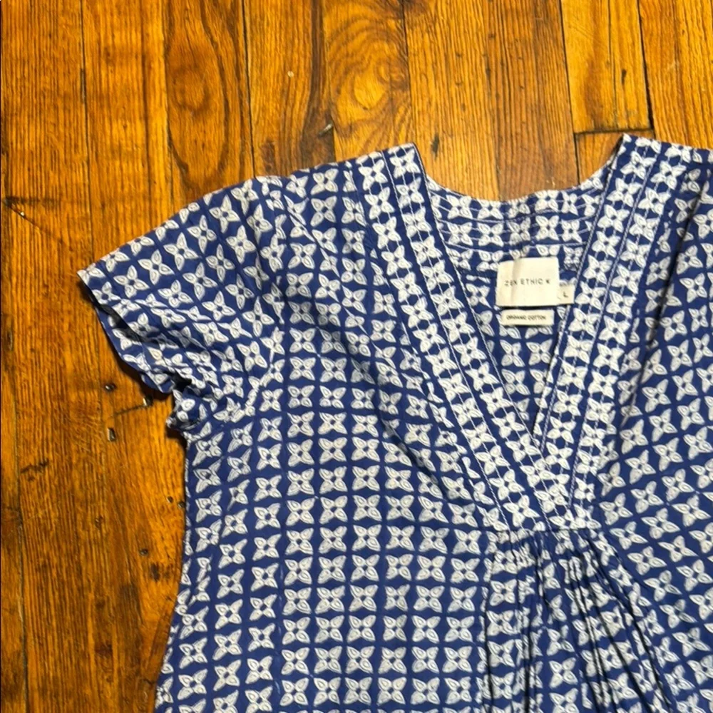 ZEN ETHIC Women's Pistil V Neck A Line Blue White Block Print Patterned Dress L - Picture 4 of 16